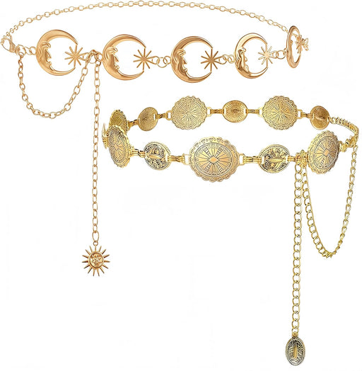 BOSSNOUK 2Pcs Gold Waist Chain Belt for Women Sun Moon Boho Body Chain, Nickel-Free Adjustable 125cm, Dress Belt for Abaya Kaftan Jeans Eid Ramadan Gift - A