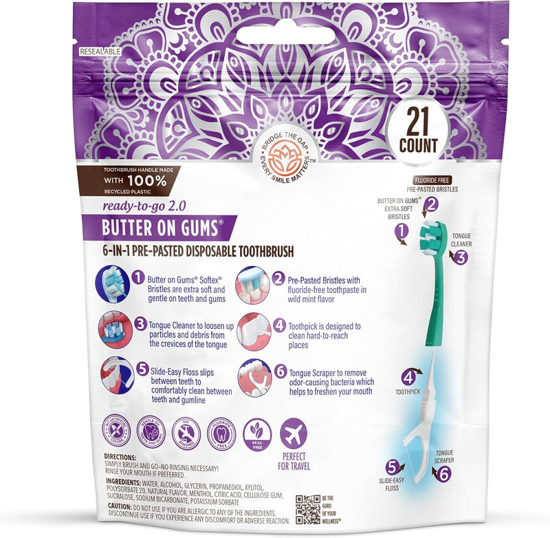 GuruNanda 6-in-1 Disposable Toothbrush, Ready to Use Pre-Glued Butter on Gum, Softex Brushes, Flossing and Toothpicks, Tongue and Cheek Cleaner, Wrapped