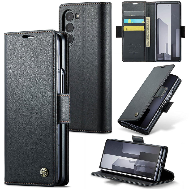 ELEPIK for Galaxy Z Fold 6 Case with Card Holder, Kickstand [3 Card Holder + 1 Cash Slot] [Durable PU Leather] Magnetic Wallet Phone Cover for Samsung Galaxy Z Fold 6, Fashion Black