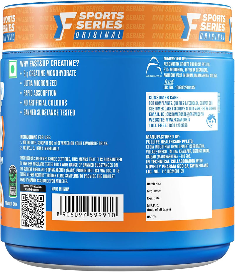 FAST&UP Creatine Monohydrate Powder Pure Micronized Creatine Supplement for Muscle Growth, Strength & Recovery Unflavoured Creatine Powder, (83 Servings) Blue 250 gms