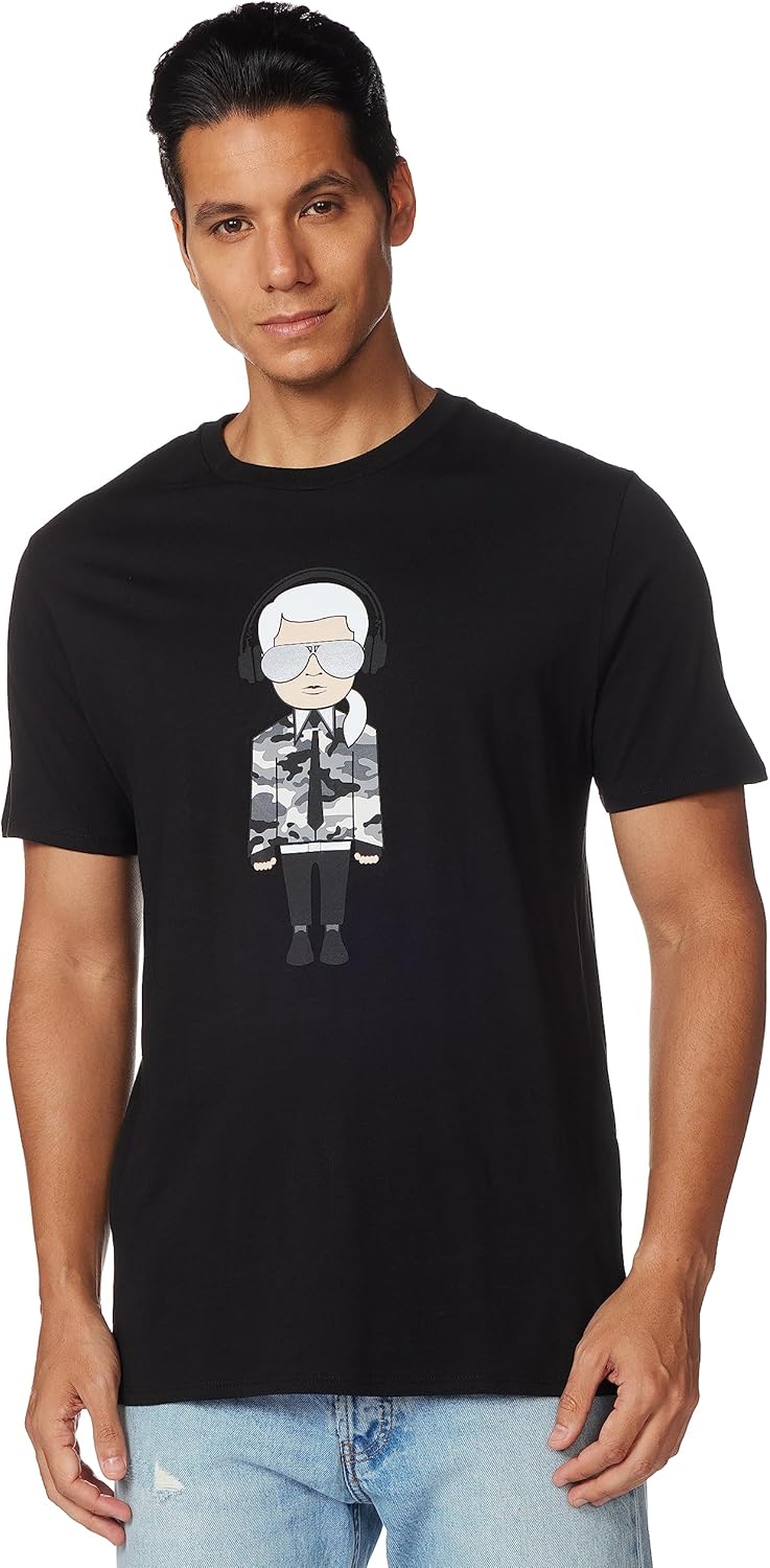 KARL LAGERFELD mens Reflective Men’s T-shirt, Karl Character With Headphones Short Sleeve Crew Neck Men’s Shirt T-Shirt