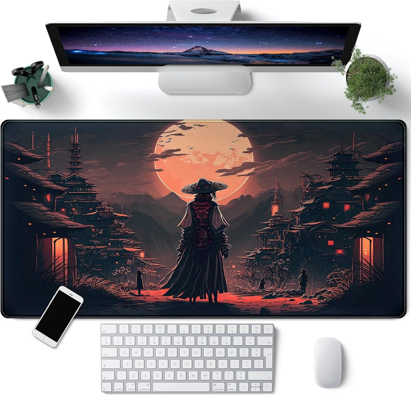 Japanese Landscape Desk Mat Post Moonlight Samurai Mouse Pad Large Dark Aesthetic Desk Pad Gaming Mousepad Extended XXL 31.5 x 15.7 in Laptop Computer Mouse Keyboard Mat - A Japan Samurai