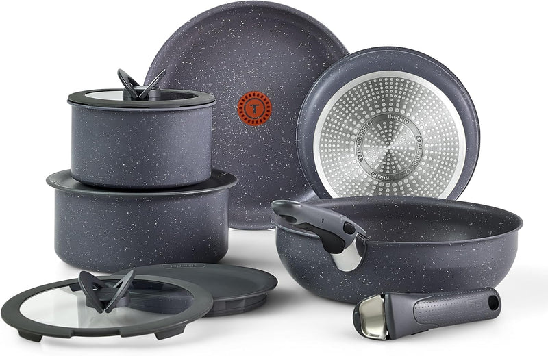 Tefal Ingenio Essentials Cookware Set with Detachable/Removable Handle 11 Piece, Granite Titanium Non Stick, Induction, Oven Broiler Safe 500F, Stackable, Pots and Pans Set, RV Camping, Fry Pans Gray - Detachable Handle Induction