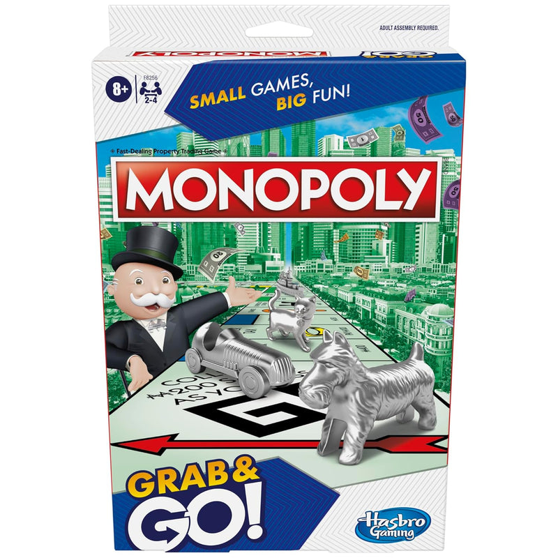 Monopoly Grab and Go Game for Kids Ages 8 and Up, Portable Game for 2-4 Players, Travel Game for Kids