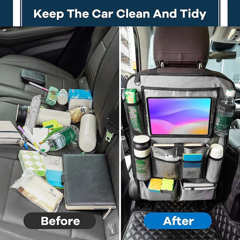 1Pcs Car SeatBack Organizer, Auto Seat Back Kick Mat with 9 Storage Pockets, Vehicle Waterproof Seat Protector with Touch Screen Tablet Holder for Kids, Universal Car Travel Accessories (19x25in,Gray)