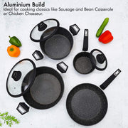Royalford Chef Art Aluminium Cookware Set, 7 Pieces, Black, RF9557, Scratch Resistant, Tempered Glass Lids, 2.5MM Body Thickness, Bakelite Knobs, and CD Bottom