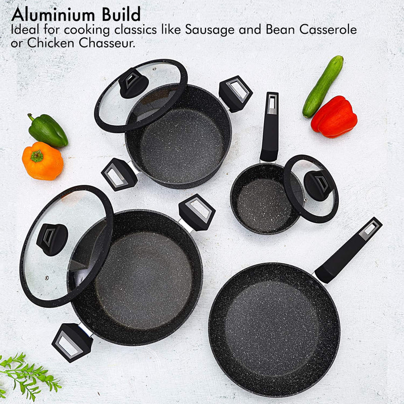 Royalford Chef Art Aluminium Cookware Set, 7 Pieces, Black, RF9557, Scratch Resistant, Tempered Glass Lids, 2.5MM Body Thickness, Bakelite Knobs, and CD Bottom
