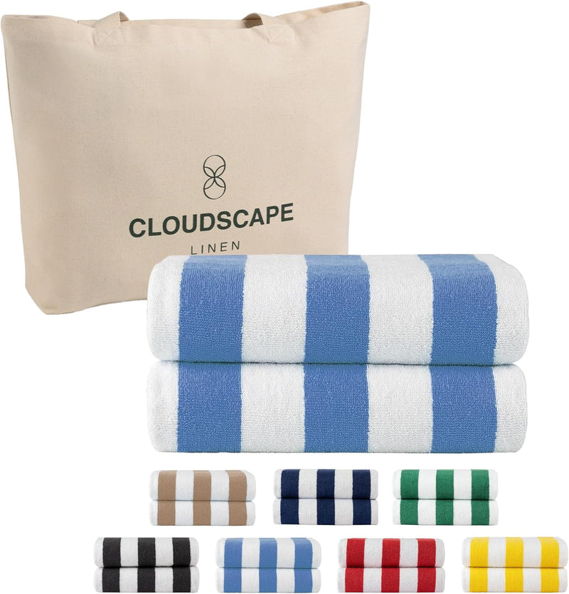 Cloud Scape Linen 2 Pcs Cabana Stripe Beach Towel Set, Oversized Soft Cotton Towel, Quick Dry and Highly Absorbent, Perfect for Beach, Picnic and Fitness, 76x152 cm, Blue