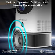 Promate 4K Ultra HD Projector with LCD Technology, 250 ANSI Brightness, Height-Adjustable Telescopic Stand, Auto Keystone Correction, Built-In Speaker Beamer-A250 UK