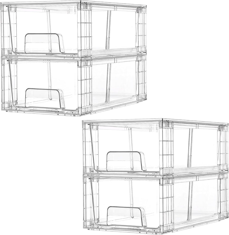 4 Pack Large Stackable Storage Drawers, Easily Assemble Acrylic Bathroom Closet Undersink Organizers, Plastic Storage Bins for Kitchen Cabinets, Pantry, Makeup, Medicine Organization - 4pack-Samll