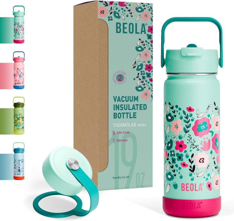 550ml Kids Water Bottle 18/8 Stainless Steel Double Wall Insulated thermo Bottle with Straw Lid and Wide Mouth, Hot Cold Liquids Sports School Bottle (19oz, Unicat Magic) - 550ML Ever Blooming