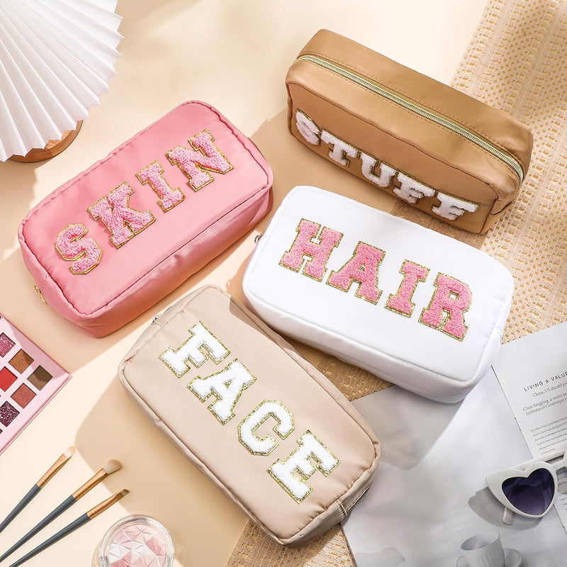 4 Pcs Nylon Cosmetic Bag Travel Organizer Chenille Letter Makeup Pouch Zipper Preppy Waterproof Hair Bag Toiletry Pouch for Women Girls(Light Brown, Beige, Light Pink, White) - White