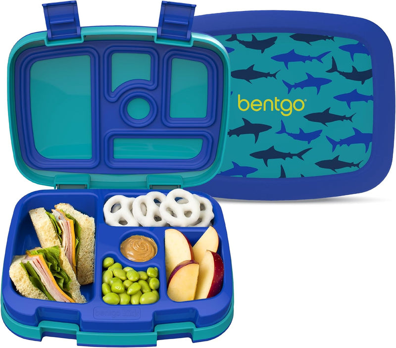 Bentgo Kids Prints Leak-Proof, 5-Compartment Bento-Style Kids Lunch Box - Ideal Portion Sizes for Ages 3 to 7 - BPA-Free, Dishwasher Safe, Food-Safe Materials (Dino Fossils) - Sharks