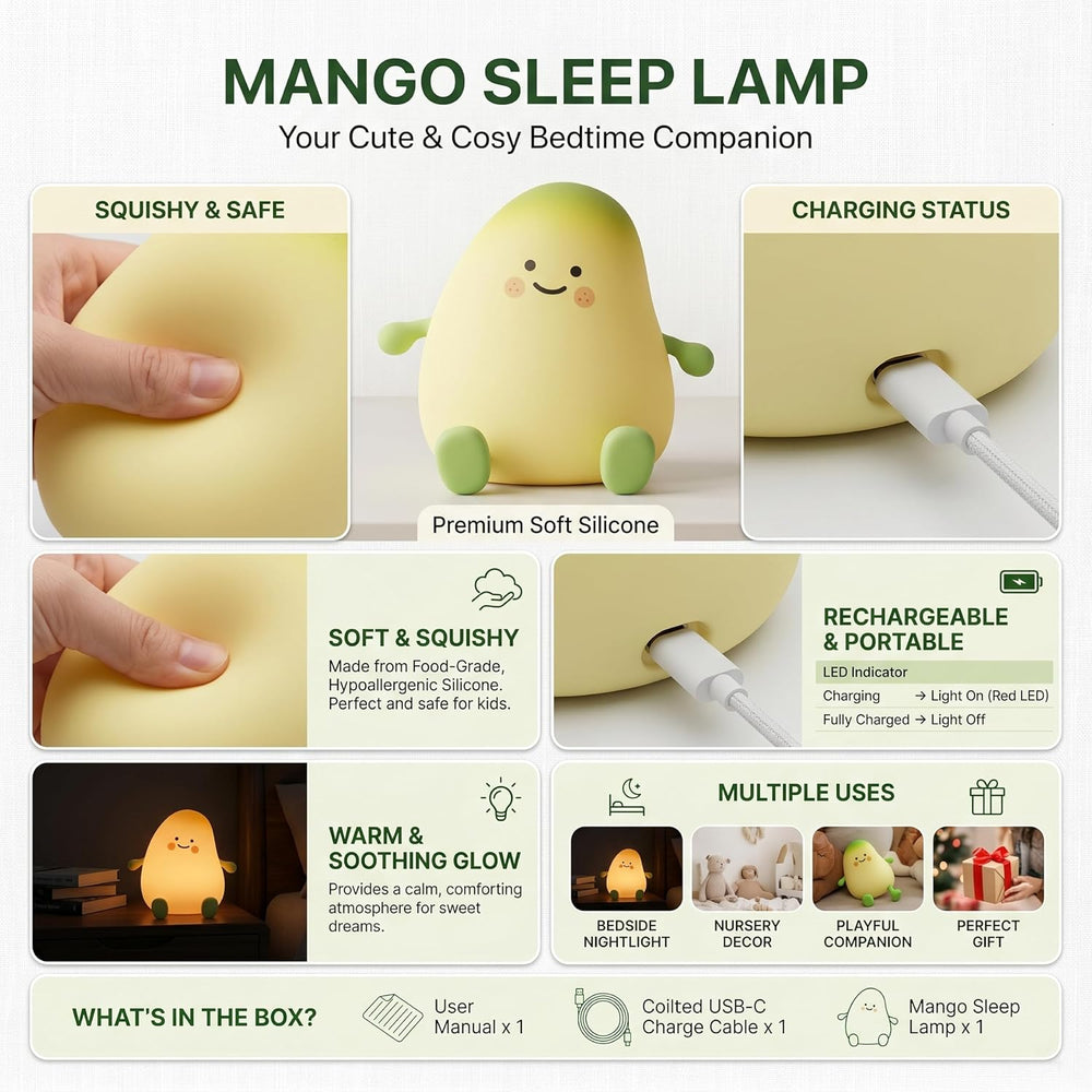 Mango Silicone Night Light for Kids JXJA038 Cute Squishy LED Touch Control Sleep Lamp, Dimmable Warm Glow Nursery Light, Rechargeable Type-C with Auto-Off Timer, Bedside Baby Room Gift