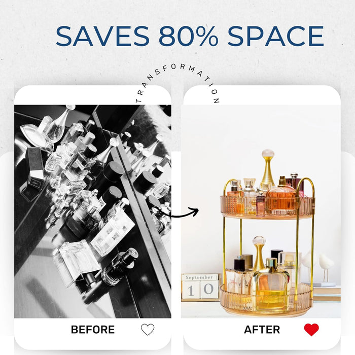 Sortify Perfume Organizer, Luxury Acrylic Perfume Stand, Lazy Susan 360° Rotating Makeup Organizer & Skincare Rack, Showcase Your Cologne Collection with 2 Tier Perfume Tray 32x23x23cm (Gold)