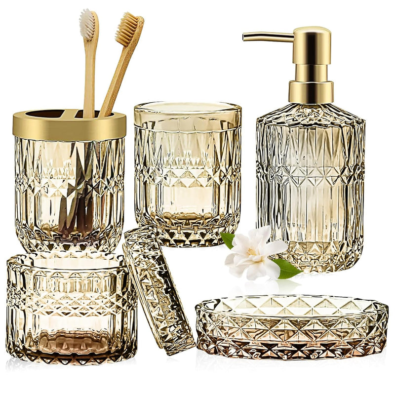 Decostatue Bathroom Accessories Set- 5 Pcs Modern Elegance with Soap Dispenser, Tumbler, Dish, Toothbrush Holder, Cotton Jar Countertop Vanity Organizer for Bathroom Set Glass- Golden