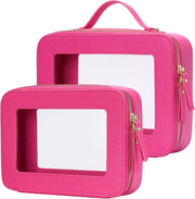 Clear Makeup Bag Travel Cosmetic Case Transparent Toiletry Bag with Zipper, Portable Make Up Organizer Traveling Compact Car Bag for Essentials, Gold, Medium and Large - Hot Pink Dual Elegance