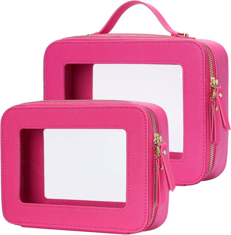 Clear Makeup Bag Travel Cosmetic Case Transparent Toiletry Bag with Zipper, Portable Make Up Organizer Traveling Compact Car Bag for Essentials, Gold, Medium and Large - Hot Pink Dual Elegance