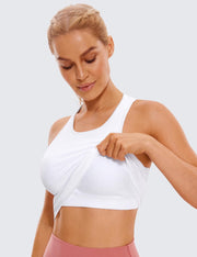 CRZ YOGA Womens Seamless Ribbed Longline High Neck Sports Bra - Racerback Padded Slim Fit Crop Tank Top with Built in Bra