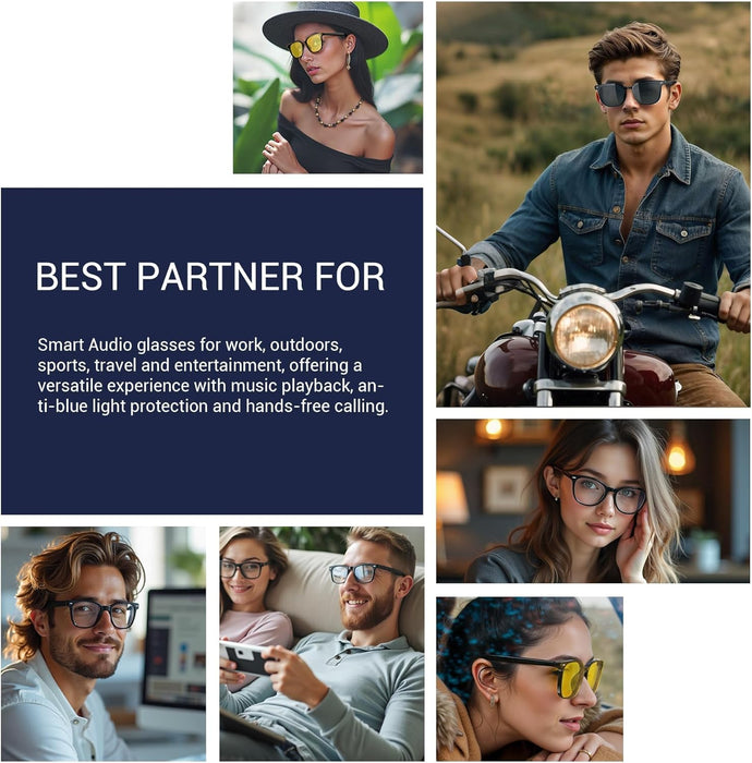 Azonee Smart Glasses with AI, Bluetooth 5.4 Glasses With Anti-Blue Lens, 2 Change Lenses, Voice Assistant Compatible Smart Sunglasses, AI Translator Glasses with 110+ Translation, Black