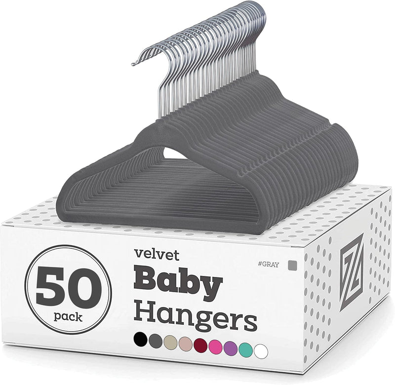 ZOBER Premium Kids Velvet Hangers (11” Inch - 50 Pack) Non Slip Baby Hangers, Ultra Slim Space Saving Childrens Hangers - 360° Swivel Hook, Strong & Durable Infant/Toddler Hangers (Small - Gray)