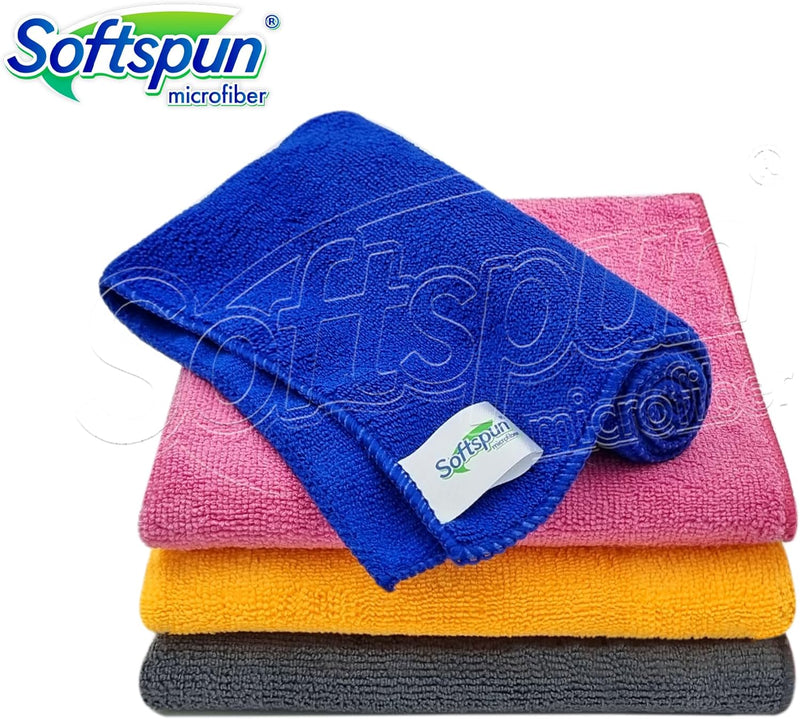 SOFTSPUN Microfiber Cleaning Cloths, 4pcs 40x40cms 340GSM Multi-Colour Highly Absorbent Lint and Streak Free Multi -Purpose Wash Cloth for Kitchen Window Stainless Steel Silverware.