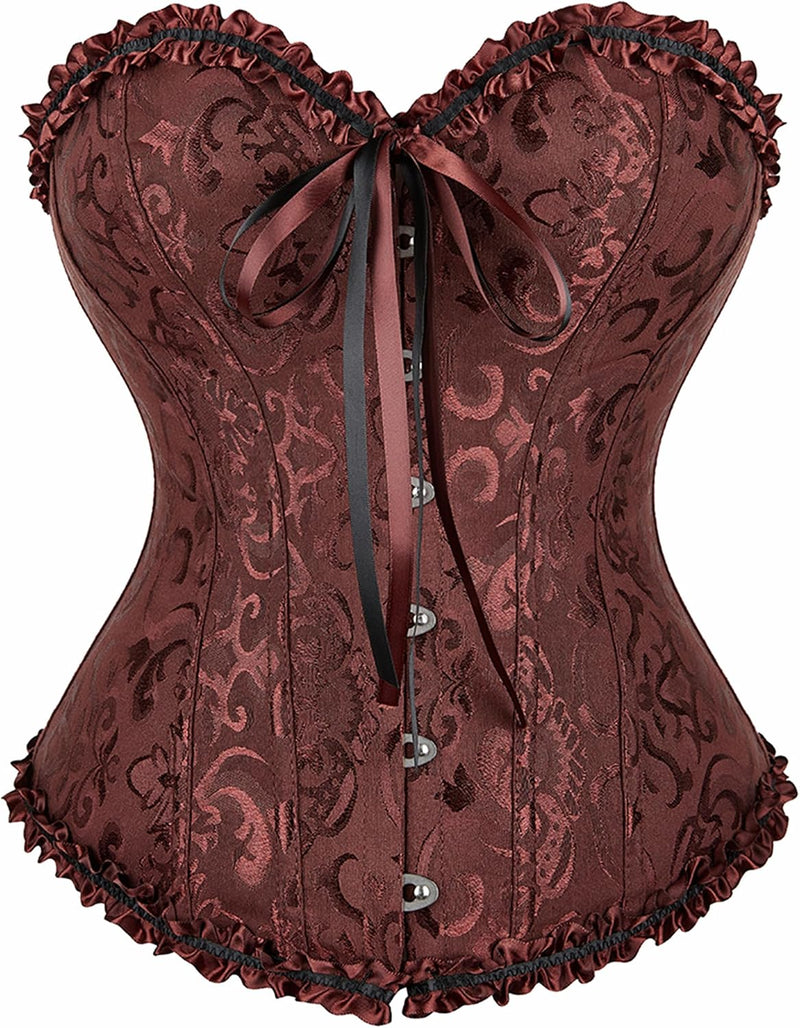 Corsets for Women Renaissance Floral Lace up Boned Overbust Corset Bustier Shapewear - Brown