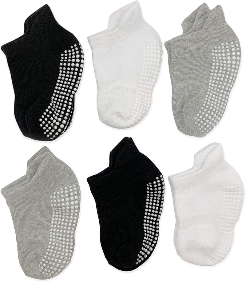 BW Baby non slip grip ankle socks for infants toddlers kids boys girls (Black White Grey 6pk, 6-12 Months)