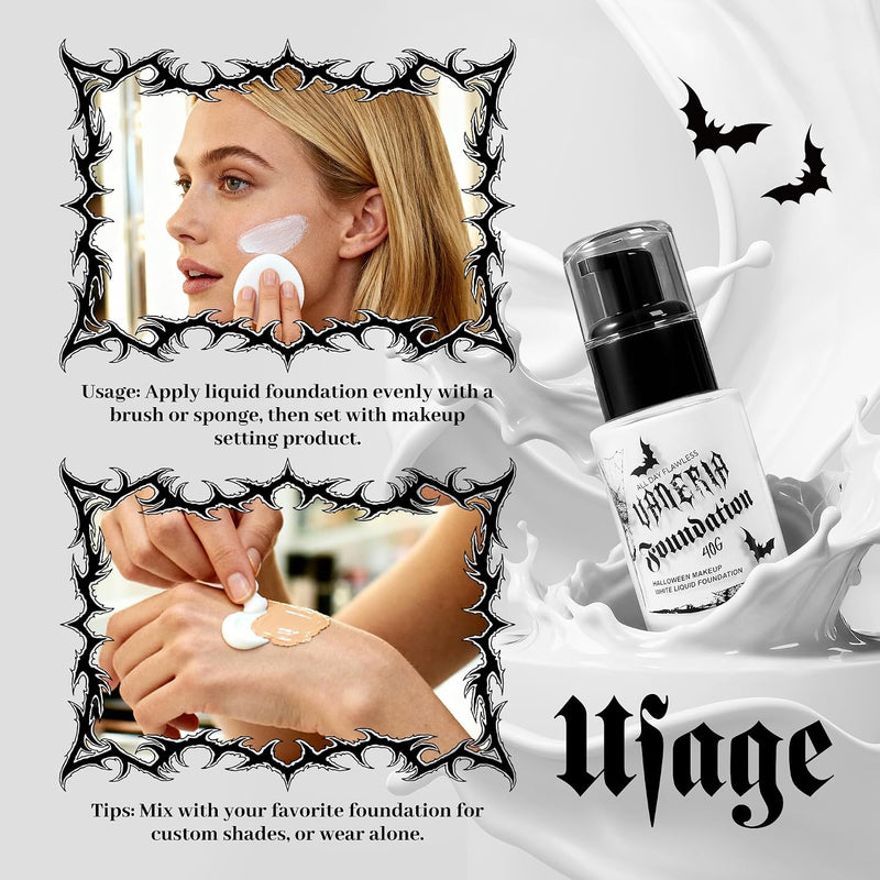 VANERIA White Foundation, Goth Foundation Liquide Makeup, Clown Makeup, Blanco Face Paint, Full-Coverage Waterproof, Mixer Use or White Base for Halloween, Cosplay, Stage, Mime & Film.30ML