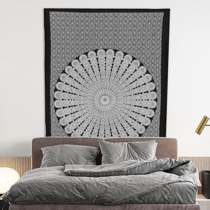 Bless International, Indian Wall Hanging Psychedelic Hippie Bohemian Peacock Mandala Tapestry Bed Sheet Gold Pink Blue King 225x265cm