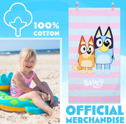 Bluey Towels for Kids with 2 Pegs Clips Beach Towel Soft Absorbent Bath Shower Swimming Towel 100% Cotton Quick Dry Holiday Essentials 140x70cm