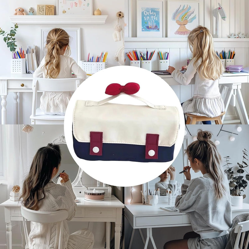 Cute Bow Pencil Case for Girls, Durable Single Compartment Stationery Organizer Pouch for School, Art, and Travel, with Small Pocket and Bonus Animal Erasers Ideal Gift for Students