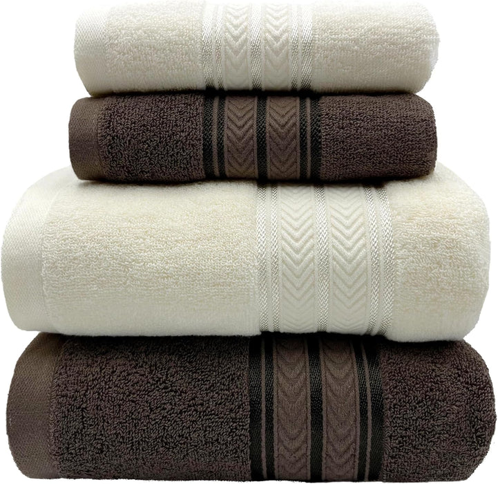 4 Pcs Pure Cotton Bath Towels Set70x140cm 2pcs 35x75cm 2pcs Soft AbsorbentQuick Drying Hotel Bathroom Travel Family SPA Dormitory and Home use Towels (Beige+Brown)