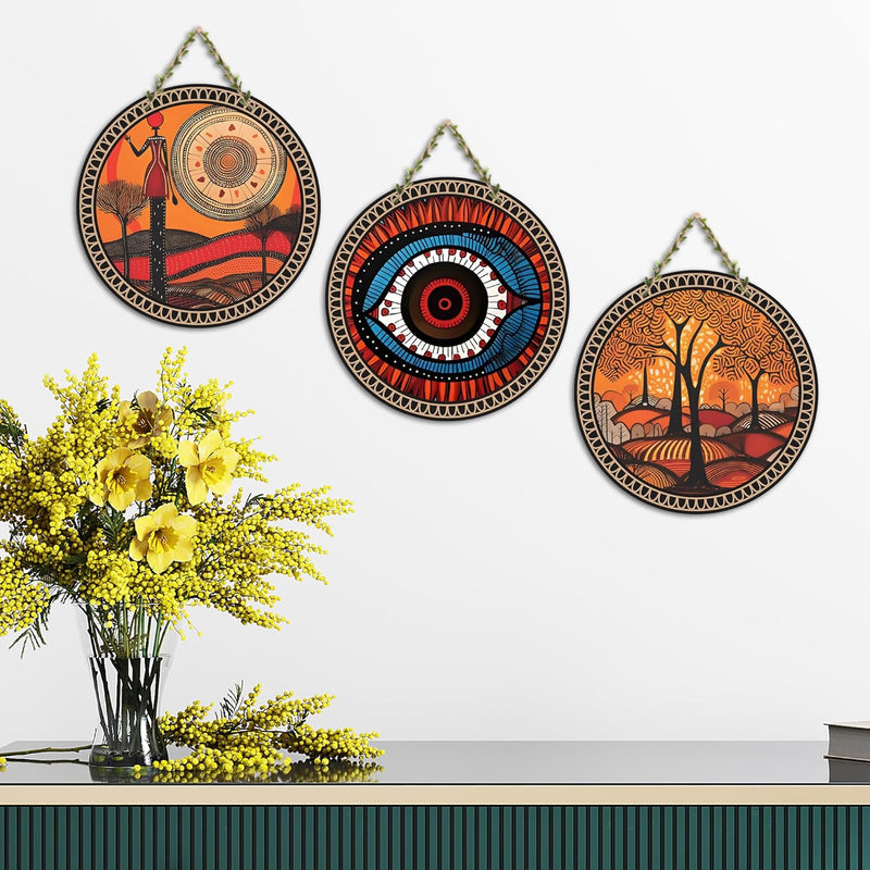 Artvibes Rajasthani Culture Wooden Wall Hanger for Home | Office | Living Room | Gift | Modern Decoration Items | Kitchen Wall Decor | Home Decor Hanging Items (WH_5012N), Set of 3