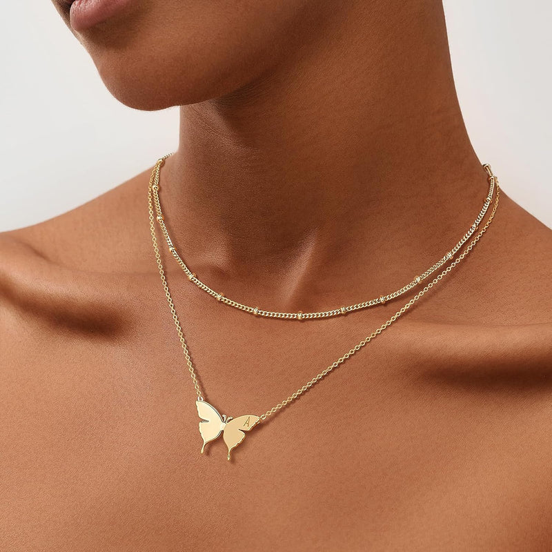 MEVECCO Gold Dainty Initial Necklace 18K Gold Plated Butterfly Pendant Name Necklaces Delicate Everyday Necklace for Women Minimalist Personalized Jewelry Christmas Gift - H