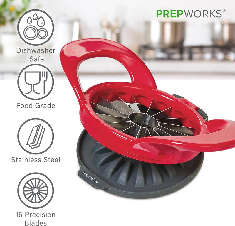 Progressive Prepworks by 16-Slice Thin Apple Slicer and Corer, GPC-2701, Perfect for Apples or Pears, Attached Safety Cover Protect Fingers while In-Use and Blades while in Storage, Red - 16-Slice