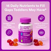 Toddler Multivitamin Gummies - Improved Formula: Omega 3 (DHA/EPA), Vitamins D3, C, Vitamin B12, B6, A, K & Zinc, Biotin, Gluten Free, Three Fruit Flavors, 60 Count (30 Day Supply)