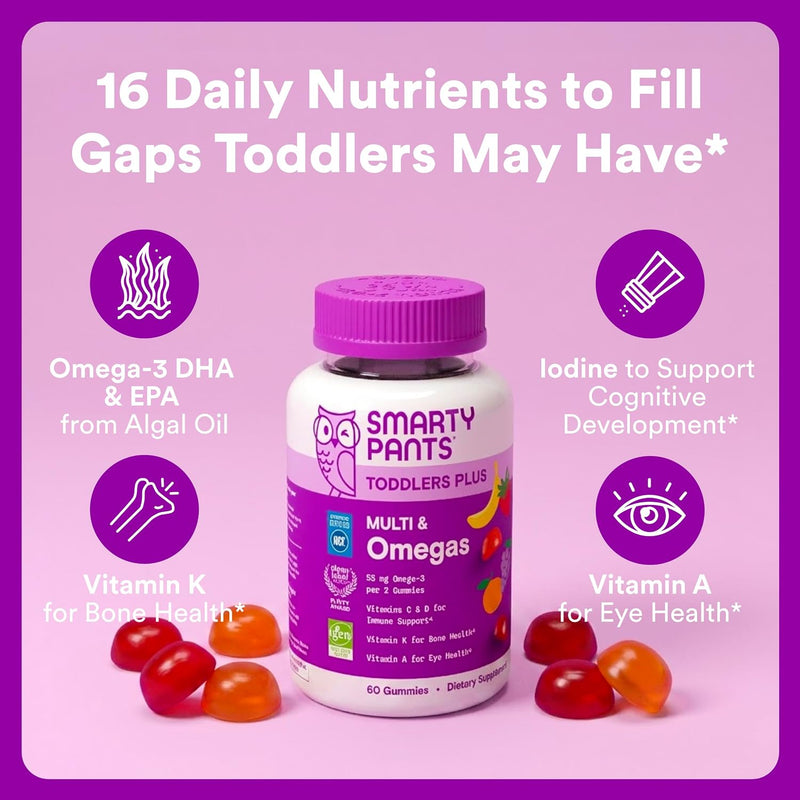 Toddler Multivitamin Gummies - Improved Formula: Omega 3 (DHA/EPA), Vitamins D3, C, Vitamin B12, B6, A, K & Zinc, Biotin, Gluten Free, Three Fruit Flavors, 60 Count (30 Day Supply)