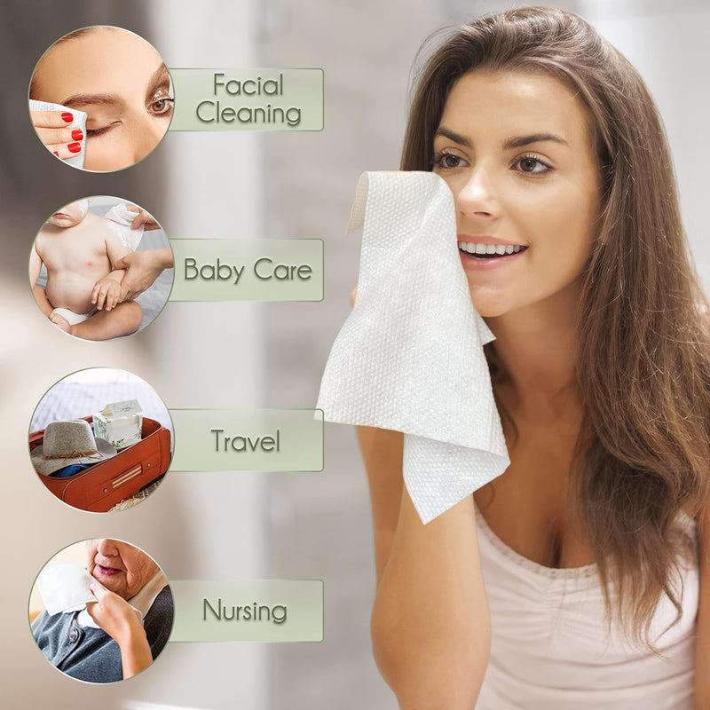 Disposable Face Towel, 300 Count Cotton Dry Facial Tissue- Soft Cleansing Towels for Makeup Removal, Nursing, and Travel - Gentle Dry Wipes for Face and Surface Cleaning