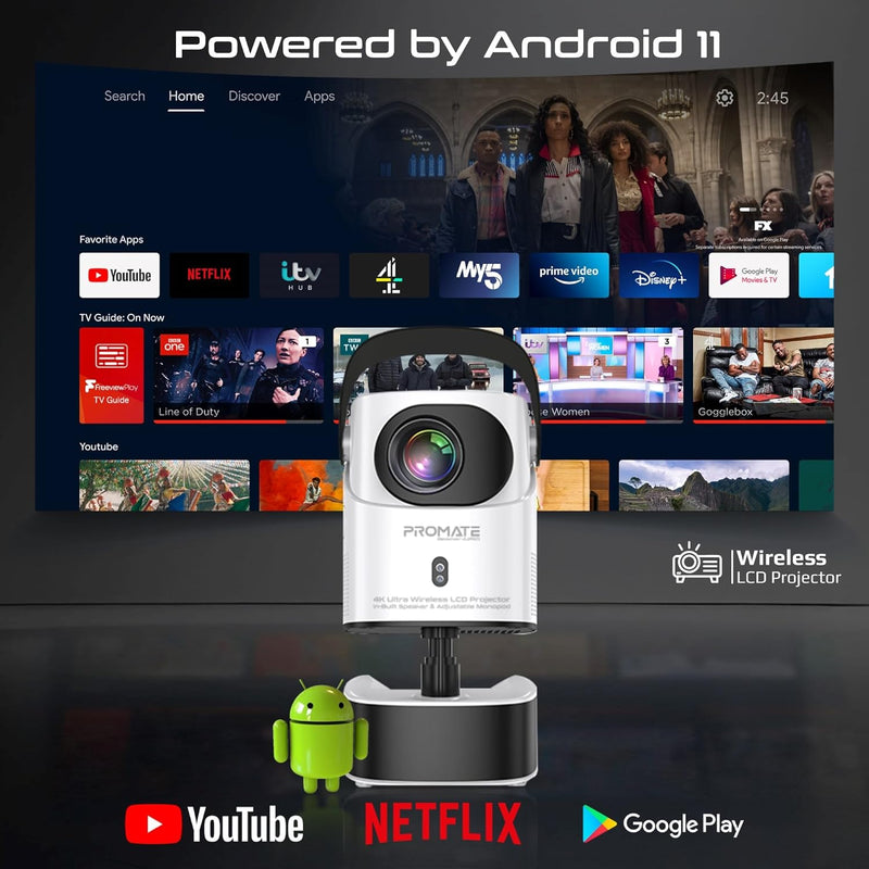 Promate 4K Ultra HD Projector with LCD Technology, 250 ANSI Brightness, Height-Adjustable Telescopic Stand, Auto Keystone Correction, Built-In Speaker Beamer-A250 UK