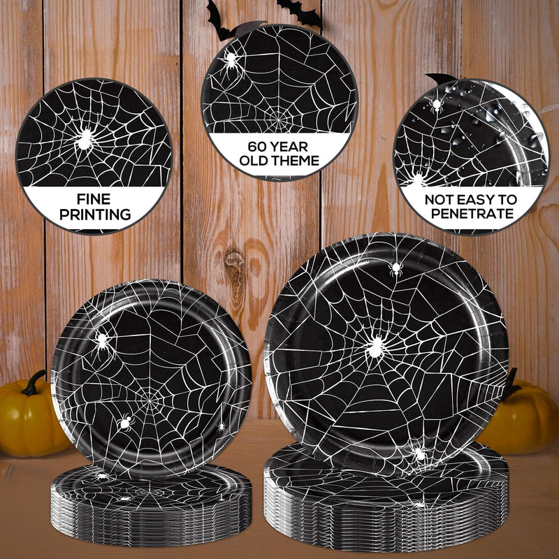 Halloween Spider Web Party Supplies - 96PCS Halloween Party Supplies Set Includes Plates Napkins Forks Horror Decor Supply Serves 24 Guests Tableware Kit
