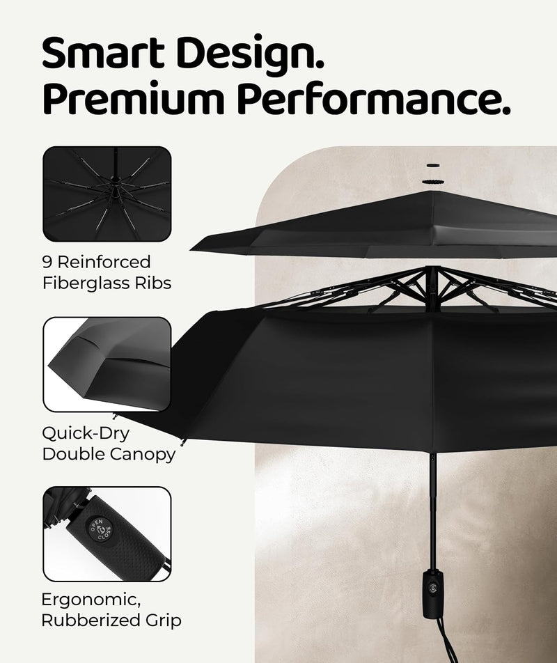 Repel Golf Umbrella with Triple Layered Reinforced Fiberglass Ribs Adorned in Red Paint, 60" Vented Double Canopy with Teflon Coating, Auto Open - black