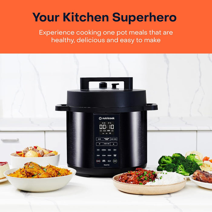 Nutricook Smart Pot Eko, 1000 Watts - 9 In 1 Instant Programmable Electric Pressure Cooker, 6 Liters, 14 Smart Programs, Brushed Stainless Steel/Black, 2 Years Warranty, Silver/Black