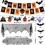 Halloween Party Decorations Set - 5Pack HalloweenDecor Festive Happy Halloween Banner Hanging Swirls & Spider Web Table Decorations & Mantel Scarf & 3D Bat Sticker for Hallo-ween Party Home