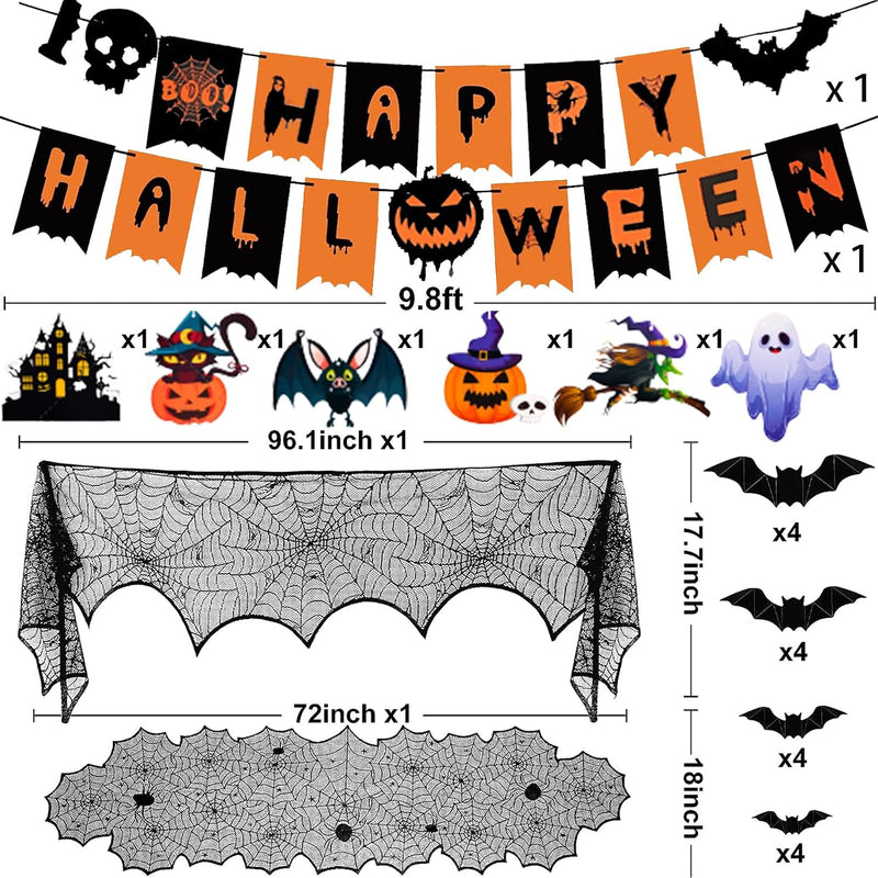 Halloween Party Decorations Set - 5Pack HalloweenDecor Festive Happy Halloween Banner Hanging Swirls & Spider Web Table Decorations & Mantel Scarf & 3D Bat Sticker for Hallo-ween Party Home