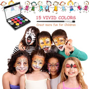 DELFINO Body Painting Face Paint Kit, 15 Color Non-Toxic Professional Palette Washable with Brush for Kids for Art Show Halloween Party Colsplay Makeup Body Festive Face Paint Kids