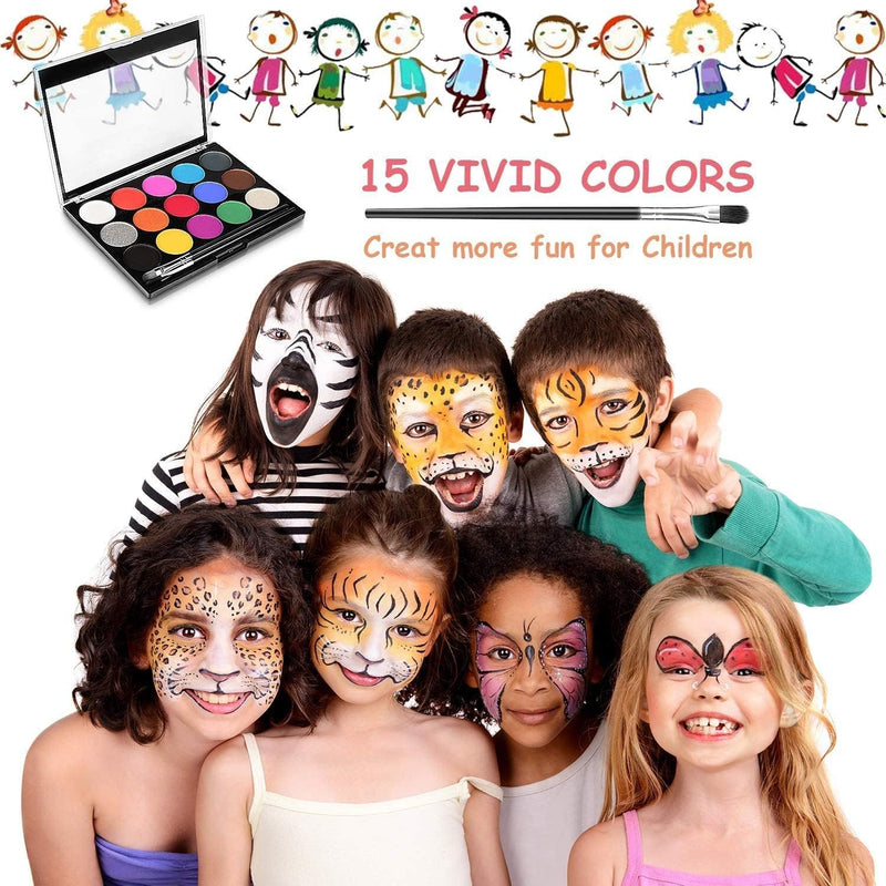 DELFINO Body Painting Face Paint Kit, 15 Color Non-Toxic Professional Palette Washable with Brush for Kids for Art Show Halloween Party Colsplay Makeup Body Festive Face Paint Kids