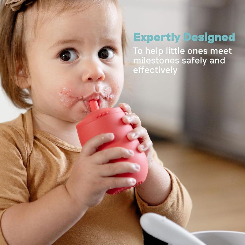 ez pz Ezpz Mini Cup + Straw Training System (Blush) - 100% Silicone Training Cup For Infants + Toddlers - Designed By A Pediatric Feeding Specialist - 9 Months+