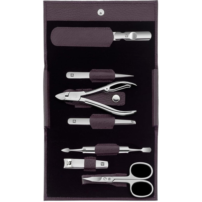 Zwilling Classic Inox 7pc manicure set. Black. Polished Stainless Steel. Set includes nail clipper, nipper, file, pointed & slant tweezers, 2-in-1 combo nail & cuticle scissors, 2-in-1 manicure tool.