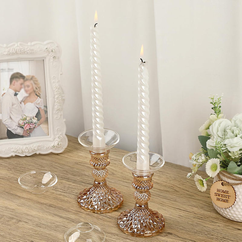 OwnMy Set of 2 Gold Glass Taper Candle Holders Decorative Glass Candlestick Holders, Modern Taper Candle Stands Candlesticks for Dining Table Centerpieces Wedding Church Decor